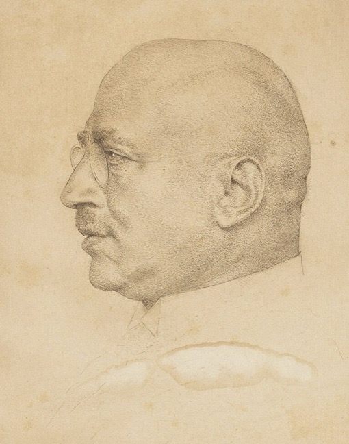 Etched profile portrait of Fritz Haber, bald, with round glasses